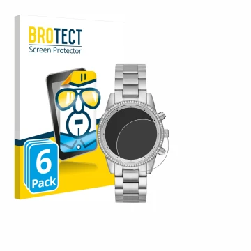 Parte frontal de un envase de producto con el logotipo de la marca BROTECT. Al lado se muestra el dispositivo Michael Kors Rit