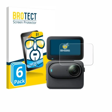 Parte frontal de un envase de producto con el logotipo de la marca BROTECT. Al lado se muestra el dispositivo Insta360 Go 3S c