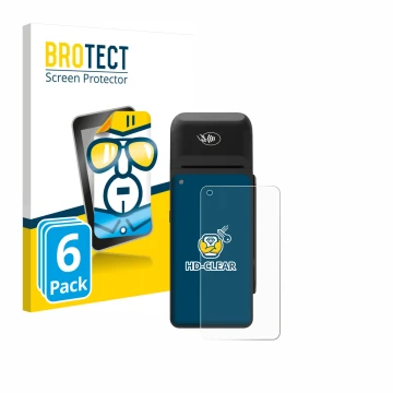 Parte frontal de un envase de producto con el logotipo de la marca BROTECT. Al lado se muestra el dispositivo Verifone T650c c