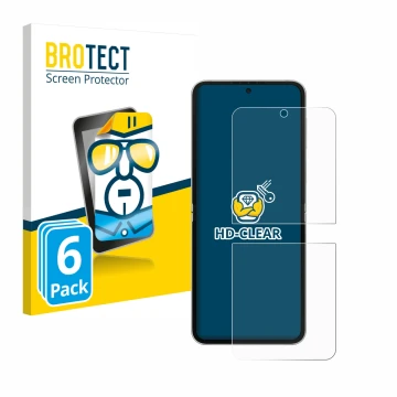 Parte frontal de un envase de producto con el logotipo de la marca BROTECT. Al lado se muestra el dispositivo Samsung Galaxy Z