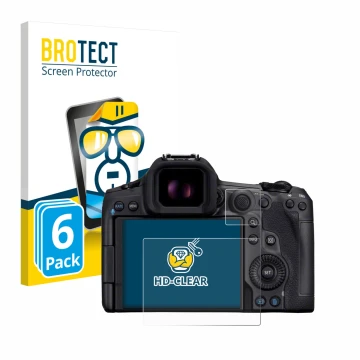 Parte frontal de un envase de producto con el logotipo de la marca BROTECT. Al lado se muestra el dispositivo Canon EOS R5 Mar