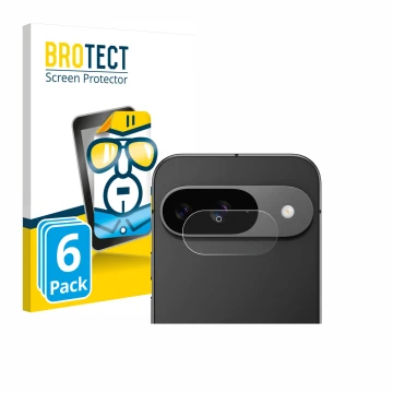 Parte frontal de un envase de producto con el logotipo de la marca BROTECT. Al lado se muestra el dispositivo Google Pixel 9 (