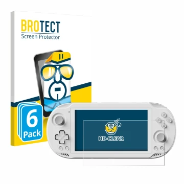 Parte frontal de un envase de producto con el logotipo de la marca BROTECT. Al lado se muestra el dispositivo AYN Odin 2 Mini 