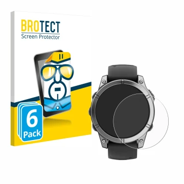 Parte frontal de un envase de producto con el logotipo de la marca BROTECT. Al lado se muestra el dispositivo Garmin Fenix E c