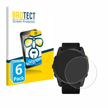 Parte frontal de un envase de producto con el logotipo de la marca BROTECT. Al lado se muestra el dispositivo Garmin Enduro 3 