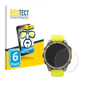 Parte frontal de un envase de producto con el logotipo de la marca BROTECT. Al lado se muestra el dispositivo Garmin Fenix 8 S