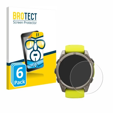 Parte frontal de un envase de producto con el logotipo de la marca BROTECT. Al lado se muestra el dispositivo Garmin Fenix 8 S