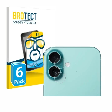 Parte frontal de un envase de producto con el logotipo de la marca BROTECT. Al lado se muestra el dispositivo Apple iPhone 16 