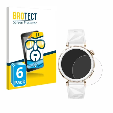 Parte frontal de un envase de producto con el logotipo de la marca BROTECT. Al lado se muestra el dispositivo Huawei Watch GT 