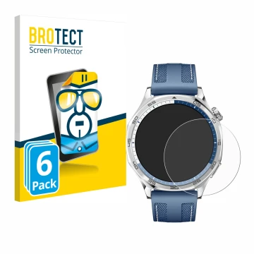 Parte frontal de un envase de producto con el logotipo de la marca BROTECT. Al lado se muestra el dispositivo Huawei Watch GT 