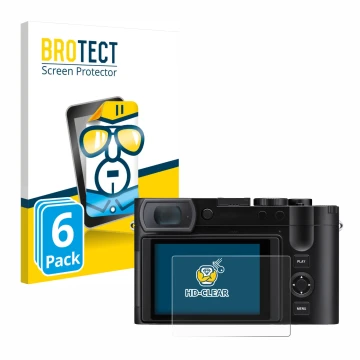 Parte frontal de un envase de producto con el logotipo de la marca BROTECT. Al lado se muestra el dispositivo Leica Q3 43 con 