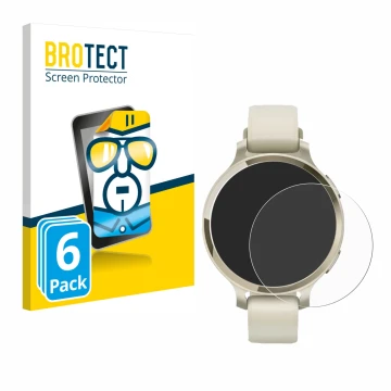 Parte frontal de un envase de producto con el logotipo de la marca BROTECT. Al lado se muestra el dispositivo Garmin Lily 2 Ac