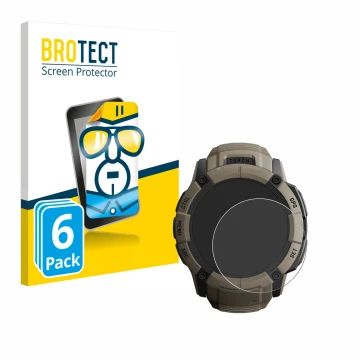 Parte frontal de un envase de producto con el logotipo de la marca BROTECT. Al lado se muestra el dispositivo Garmin Instinct 