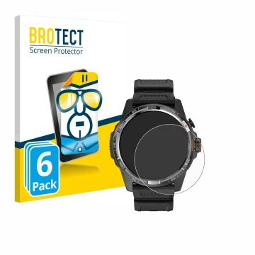 Parte frontal de un envase de producto con el logotipo de la marca BROTECT. Al lado se muestra el dispositivo Mobvoi Ticwatch 