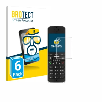 Parte frontal de un envase de producto con el logotipo de la marca BROTECT. Al lado se muestra el dispositivo AVM Fritz!Fon C6