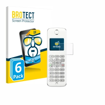 Parte frontal de un envase de producto con el logotipo de la marca BROTECT. Al lado se muestra el dispositivo AVM Fritz!Fon M2