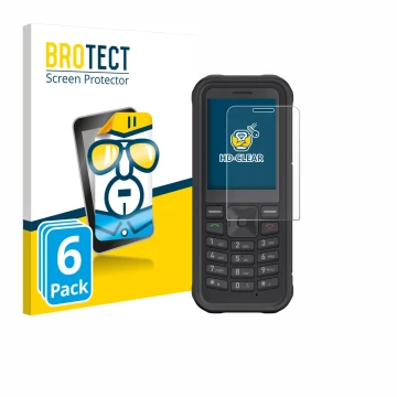 Parte frontal de un envase de producto con el logotipo de la marca BROTECT. Al lado se muestra el dispositivo Sonim XP100 con 