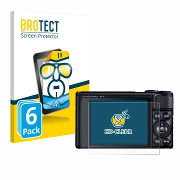 Parte frontal de un envase de producto con el logotipo de la marca BROTECT. Al lado se muestra el dispositivo Canon PowerShot 