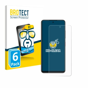 Parte frontal de un envase de producto con el logotipo de la marca BROTECT. Al lado se muestra el dispositivo Nubia Focus 5G c