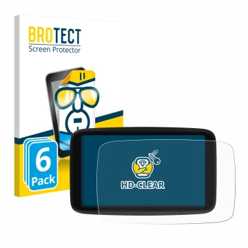 Parte frontal de un envase de producto con el logotipo de la marca BROTECT. Al lado se muestra el dispositivo TomTom GO Advanc