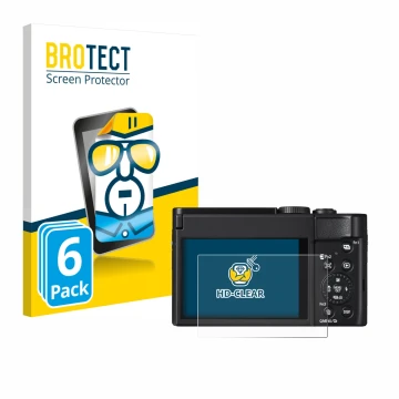 Parte frontal de un envase de producto con el logotipo de la marca BROTECT. Al lado se muestra el dispositivo Panasonic Lumix 