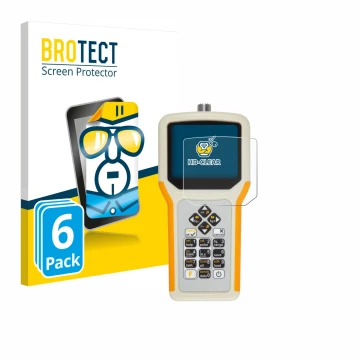 Parte frontal de un envase de producto con el logotipo de la marca BROTECT. Al lado se muestra el dispositivo RigExpert AA-55 