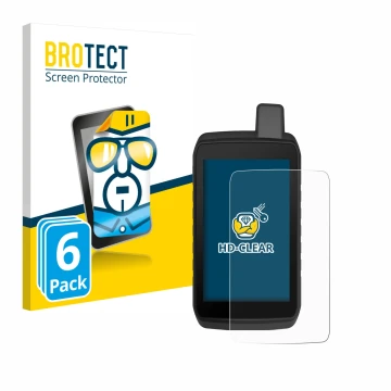 Parte frontal de un envase de producto con el logotipo de la marca BROTECT. Al lado se muestra el dispositivo Garmin Montana 7