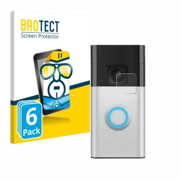Parte frontal de un envase de producto con el logotipo de la marca BROTECT. Al lado se muestra el dispositivo Ring Battery Vid