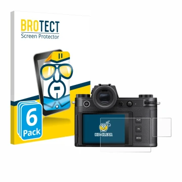 Parte frontal de un envase de producto con el logotipo de la marca BROTECT. Al lado se muestra el dispositivo Leica SL3-S (Pan