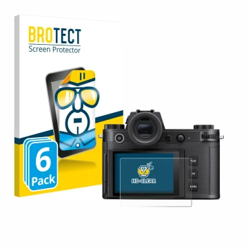 Parte frontal de un envase de producto con el logotipo de la marca BROTECT. Al lado se muestra el dispositivo Leica SL3-S con 