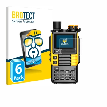 Parte frontal de un envase de producto con el logotipo de la marca BROTECT. Al lado se muestra el dispositivo Quansheng UV-K5 