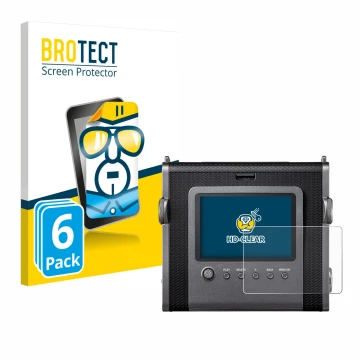 Parte frontal de un envase de producto con el logotipo de la marca BROTECT. Al lado se muestra el dispositivo Fujifilm Instax 