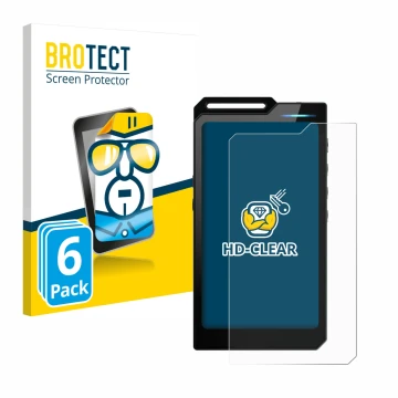 Parte frontal de un envase de producto con el logotipo de la marca BROTECT. Al lado se muestra el dispositivo Hiby R4 con su p