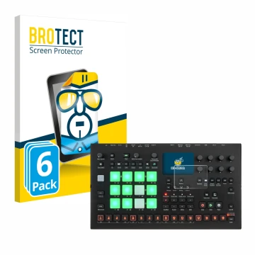 Parte frontal de un envase de producto con el logotipo de la marca BROTECT. Al lado se muestra el dispositivo Elektron Analog 