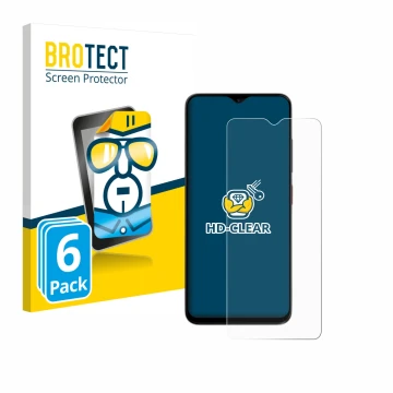 Parte frontal de un envase de producto con el logotipo de la marca BROTECT. Al lado se muestra el dispositivo ZTE Blade A35e c