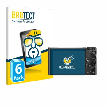 Parte frontal de un envase de producto con el logotipo de la marca BROTECT. Al lado se muestra el dispositivo Sony Cyber-Shot 