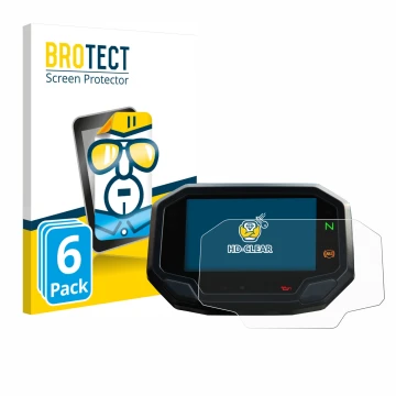 Parte frontal de un envase de producto con el logotipo de la marca BROTECT. Al lado se muestra el dispositivo Kawasaki Versys 