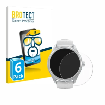 Parte frontal de un envase de producto con el logotipo de la marca BROTECT. Al lado se muestra el dispositivo Hama Smartwatch 