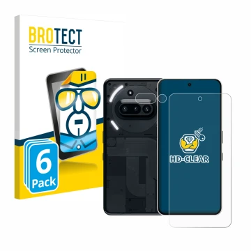 Parte frontal de un envase de producto con el logotipo de la marca BROTECT. Al lado se muestra el dispositivo Nothing Phone (3