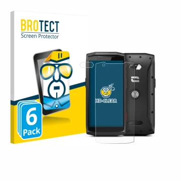 Parte frontal de un envase de producto con el logotipo de la marca BROTECT. Al lado se muestra el dispositivo Crosscall Core-M