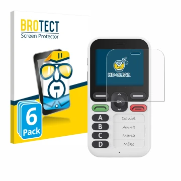Parte frontal de un envase de producto con el logotipo de la marca BROTECT. Al lado se muestra el dispositivo Doro Leva X10 co
