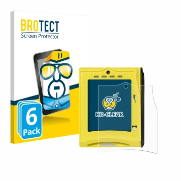 Parte frontal de un envase de producto con el logotipo de la marca BROTECT. Al lado se muestra el dispositivo Nayax VPOS TOUCH