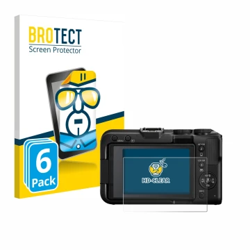 Parte frontal de un envase de producto con el logotipo de la marca BROTECT. Al lado se muestra el dispositivo Canon EOS R50 V 