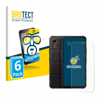 Parte frontal de un envase de producto con el logotipo de la marca BROTECT. Al lado se muestra el dispositivo Samsung Galaxy X