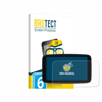 Parte frontal de un envase de producto con el logotipo de la marca BROTECT. Al lado se muestra el dispositivo TomTom Go Naviga