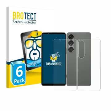 Parte frontal de un envase de producto con el logotipo de la marca BROTECT. Al lado se muestra el dispositivo Sony Xperia 1 VI