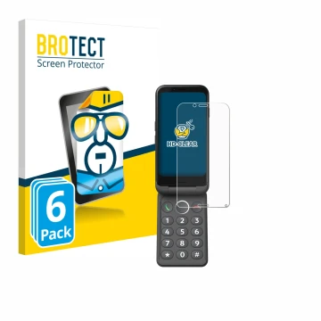 Parte frontal de un envase de producto con el logotipo de la marca BROTECT. Al lado se muestra el dispositivo Doro Aurora A20 