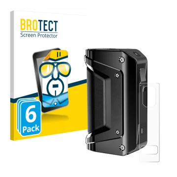 Parte frontal de un envase de producto con el logotipo de la marca BROTECT. Al lado se muestra el dispositivo GeekVape Aegis L