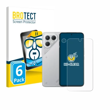 Parte frontal de un envase de producto con el logotipo de la marca BROTECT. Al lado se muestra el dispositivo Tecno Pova 7 Pro