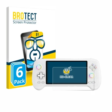 Parte frontal de un envase de producto con el logotipo de la marca BROTECT. Al lado se muestra el dispositivo Anbernic RG557 c